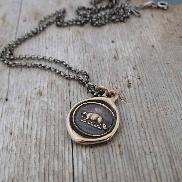 Industry and Perseverance Wax Seal Necklace of a Beaver in Bronze