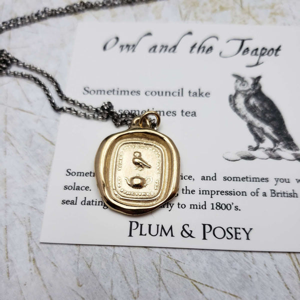 Owl and Teapot - Council and Comfort necklace in Gold Vermeil